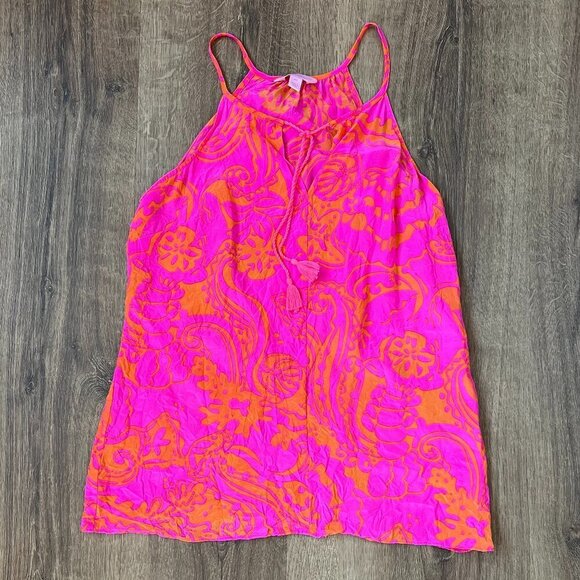 Lilly Pulitzer Pink Finn Silk Halter Pop Orange Tassel Tank Top/Cami Size XS - Picture 2 of 10